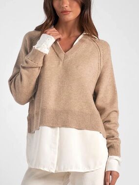 Elan Neutral Beige V-Neck Pullover Sweater